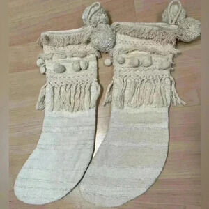 Pair Of Anthropology Ivory Christmas/Holiday Stockings With Pom/Pom And Tassels